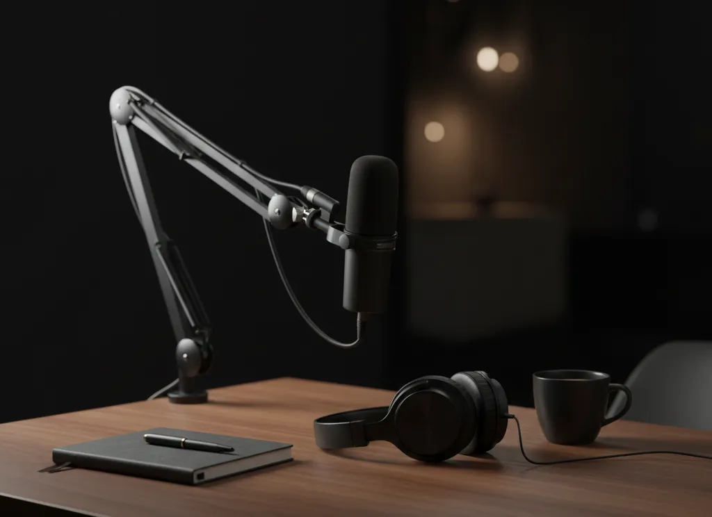 Minimal recording setup with restrained lighting and no visible branding