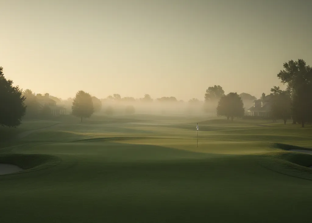 Quiet putting green at dusk with a single flag